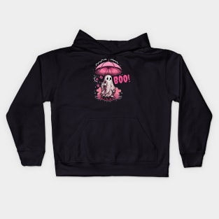 Funny Hand Drawing of a Halloween Ghost Holding a Pink Umbrella Kids Hoodie